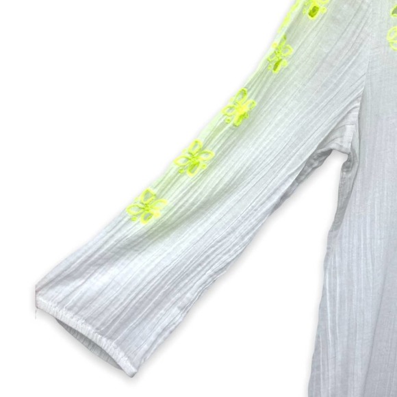 Aerie Boho White Gauze 3/4 Sleeve Embroidered Peasant Top with Tassle Front Ties - Picture 3 of 6